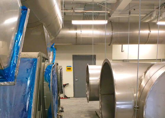 View of the custom installed galvanized steel ductwork at the Idaho National Laboratory facility